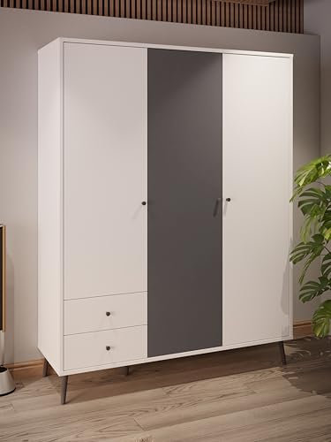 Forte Harllson, einfache Montage Dank EasyKlix Kleiderschrank Weiß mit Wolfram Grau, 3 Türen, 2 Schubladen, Einlegeböden, Kleiderstange, Echtholzfüße, 154 cm breit x 202 cm hoch x 52 cm tief