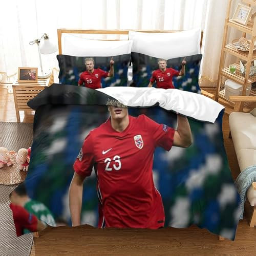 CULPRT Erling Haaland 3D Bettwäsche 3 Teilig Bettwäsche Set Mit Reißverschluss Bettbezug Und Kissenbezug Für Erwachsene Teenager Kinder Single(140x200cm)