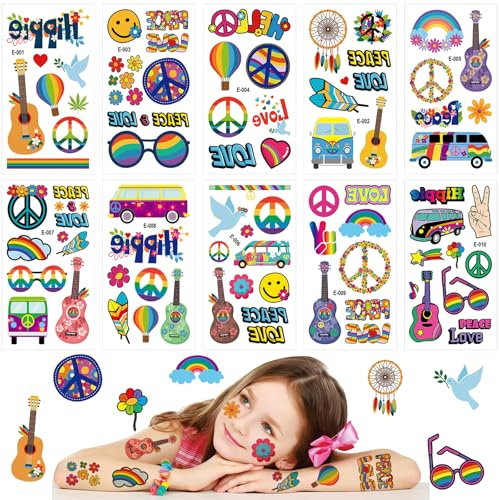 10 Stück Hippie Tattoo Gesicht,Hippie Tattoos Aufkleber Kinder,Klebetattoos Gesicht,Flower Power Kindertattoos,Temporäre Tattoos für Karneval Fasching Accessorie