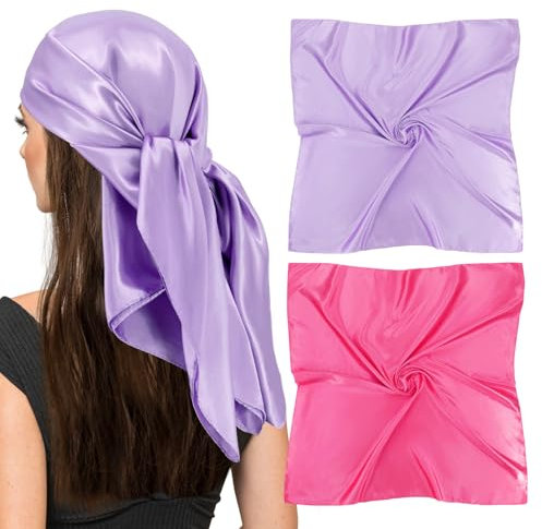Silk Scarf for Women-35 Inch Square Purple Satin Head Scarf for Hair Wrapping at Night Silk Neck Scarfs(2 Pack-Purple+Fuchsia)