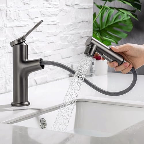 DASIAUTOEM Robinet de salle de bain - Extensible - Robinet de lavabo avec tirette haute pression - Mitigeur monocommande pour salle de bain - Gris