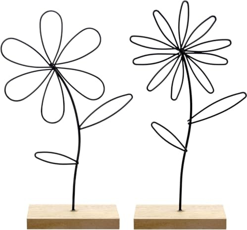 VOSSOT Aufsteller Blume 2er Set Premium Metall-Blume auf Holz-Sockel, Dekoaufsteller Blumen Arrangement Ornamente, Metallring Blumen Dekoring, Deko-Blumes aus Metall zum Hinstellen und Verschenken