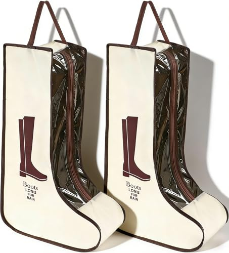 IGXX 2-pack stövelförvaringsväskor, 48x28x20 cm, genomskinliga PVC-dammtäta och vattentäta skoförvaringspåsar med handtag, beige