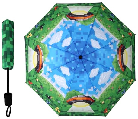 SAVITA Pixel Theme Folding Umbrella, Foldable Video Game Windproof Compact Umbrella with Cover for Kids Boys Game Lovers Birthday Party Gift