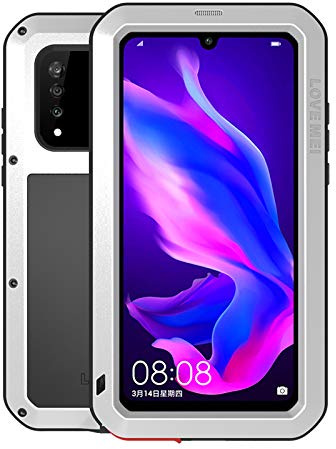 LOVE MEI pour Huawei P30 Lite Coque, Powerful Hybrid Coque, Housse, imperméable en étanche Antichoc Anti-poussière Housse Métal Aluminium Coque pour Huawei P30 Lite avec Verre trempé (Argenté)