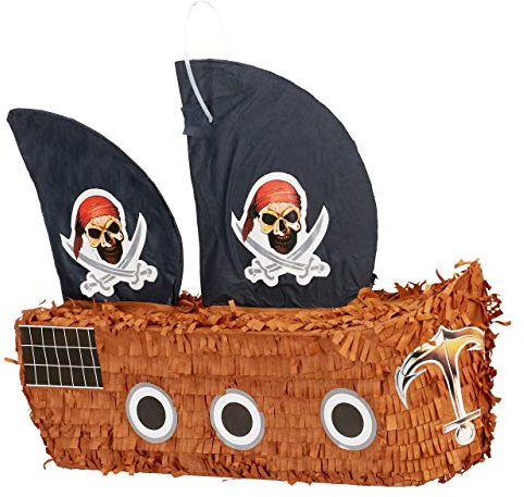 291 tlg. Pinata Set Piratenschiff, 288 Goldtaler, Piraten Piñata, bunt | Pinatastab & Augenbinde, Stab mit Augenmaske