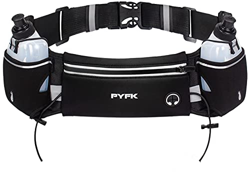PYFK Verbesserter Laufgürtel mit Wasserflaschen, Trinkgürtel für Männer und Frauen, Wasserflaschenhalter, Lauftasche, Bauchtasche für 7 Zoll Handys, Hüfttasche für Läufer Joggen (schwarz)