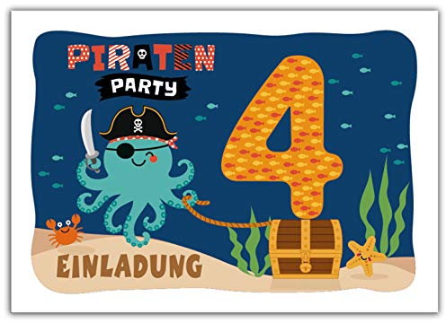 12 Einladungskarten zum 4. Kindergeburtstag Jungen Mädchen Pirat Piraten-Party
