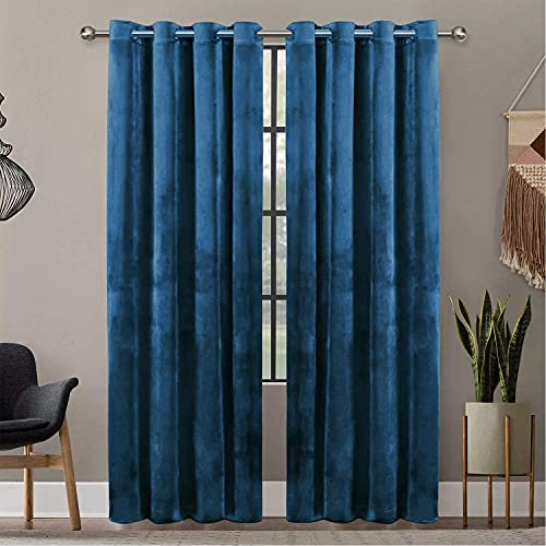 Oxford Homeware Blackout Curtains for Bedroom – Navy 66x90 Super Soft Crushed Velvet Curtains Ring Top - Thermal Insulated Curtains + 2 Tie Backs (168cm x 228cm)