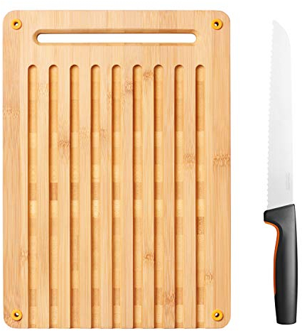 Fiskars Bambus Schneidebrett und Brotmesser, Functional Form, Bambus/Japanischer Edelstahl/Kunststoff, 1057551