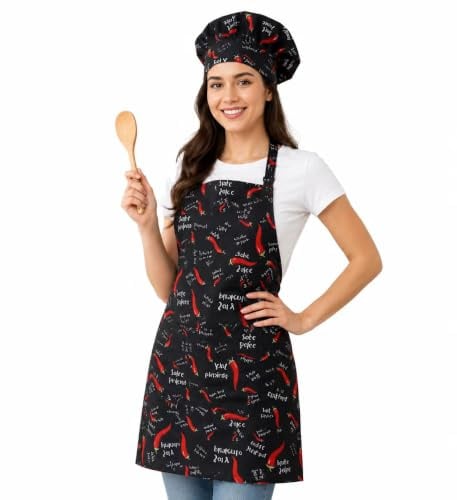 Morwealth Unisex Kochschürze mit Kochmütze verstellbare Chili-Muster Schürze mit Bäcker Hut Küchenschürze für Küche,Backen,Basteln,Grtnern und Grillen (red and black)