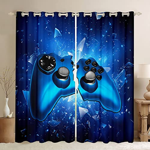 Games Thermal Insulated Curtains for Boys Bedroom Video Game Gamer Window Curtains Teens Gaming Room Darkening Curtain Broken Gamepad Fragment Window Draperies Decor Blue 42W X 63L Inch 2 Panels