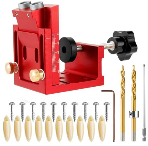 Pocket Hole Jig Tool Kit for Carpentry, Pocket Hole Drill Guide Jig Set for 15° Angled Holes, Portable Wood Pocket Hole Screw Clamp System for Woodworking (Red)