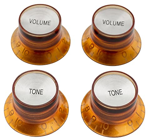 Musiclily Pro Metrische Gitarre Knöpfe Potiknöpfe Top Hat Bell Knobs 2 Volume 2 Tone Set für Epiphone Les Paul SG E-Gitarre, Amber mit Silber Metalleinlage