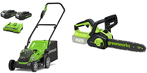 Greenworks Tondeuse à Gazon à batterie2 x 24 V Largeur de Coupe de 36 cm jusqu'à 250 m² Sac de ramassage d'herbe 40 L avec 2 Batteries de 2 Ah et Chargeur + Tronçonneuse sans balais de 30 cm