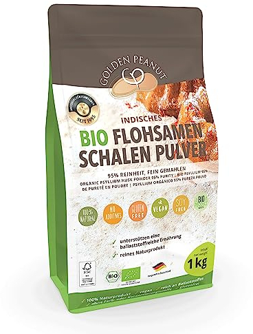 GOLDEN PEANUT Flohsamenschalen Pulver BIO 95% 1 kg, Premium Psyllium Pulver, fein gemahlen, zusatzfrei, glutenfreie Backzutat, qualitätsgeprüft
