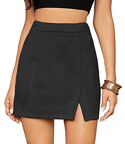 FEOYA Women's High Waist Bodycon Skirt Short Faux Suede Leopard Print Skirt Ladies A Line Skinny Split Mini Skirts Black M