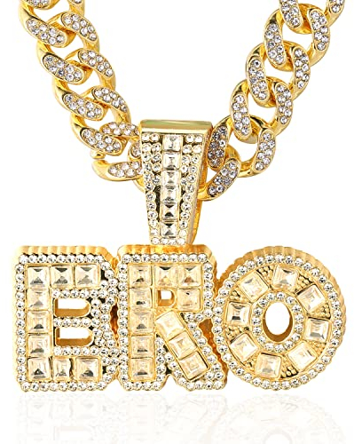 Halukakah ● BRO ● Goldkette für Herren 18k Echtgold PlattiertIced Out Anhänger Halskette,Volle Cz-Labordiamanten Zinken-Set,14mm Kubanische Gliederkette 45cm,Kostenlose Geschenkbox