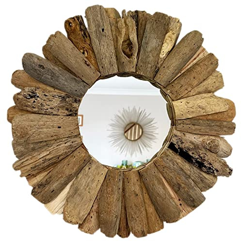Darthome Round Driftwood Mirror 60cm Vintage Rustic Natural Frame Bathroom Wall Art Decor