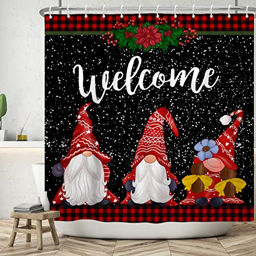Bovlleetd 152x183cm Wichtel Duschvorhang Frohe Weihnachten Badezimmer Dekor Vorhang Rot Schwarz Büffel Schneit Duschvorhänge Wasserdichter Wannenvorhang für Badezimmerdekoration