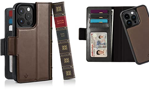 Twelve South BookBook für iPhone 14 Pro | MagSafe Kompatible Vollnarbenleder Wallet Case mit Display-Ständer + Abnehmbarer Stand-Alone-Leder-Akzenthülle, Braun