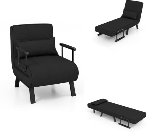 LIFEZEAL Schlafsofa klappbar, Multifunktionaler Schlafsessel mit 5-Fach Verstellbarer Rückenlehne, Schlafsofa Loungesofa mit Kissen, Sofa für kleine Häuser, Wohnung, Büro, bis 150kg (Schwarz)
