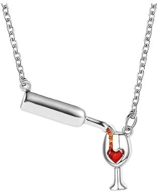 Outletissimo® ET159 Collier femme avec pendentif bouteille et calice couleur argent avec gravure coeur rouge, taglia unica, zamak, zamak