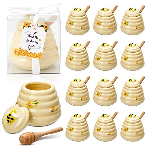 Keramik-Honigglas aus Keramik, Honigtopf mit Holztaucher und Deckel, Honigglas, Servierset, Honigbehälter, mit Holzlöffel, Biene, Honigglas für Küche, Hochzeit, Brautparty, Partygeschenk (12)