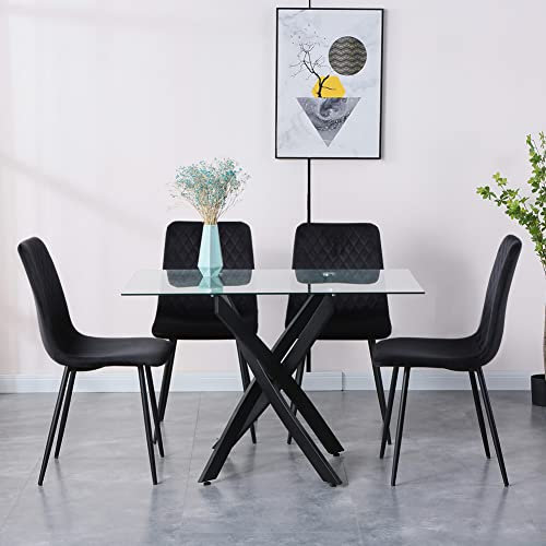 GOLDFAN Table a Manger avec 4 Chaises, Ensemble de Table à Manger Noir avec 4 Chaises, Table en Verre Trempé,110 cm Noir