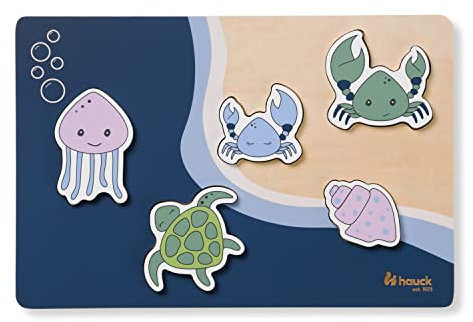 hauck Greifpuzzle für Kleinkinder Puzzle N Fit Steckpuzzle ab 1 Jahr aus FSC® zertifizertem Holz, Holzpuzzle mit Tierformen, Trainiert Feinmotorik & Auge-Hand-Koordination (Sea)