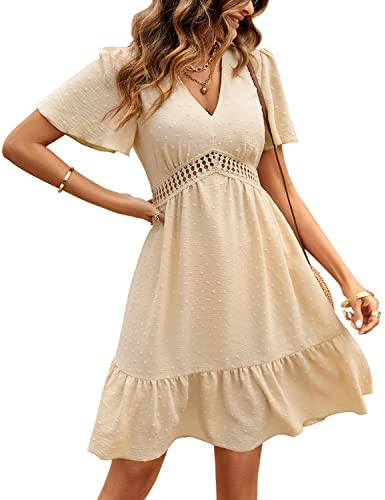 JENJON Mujer Vestidos de Verano Cuelle en V Elegante Manga Corta Cintura Alta Puntos Volantes Mini Vestido