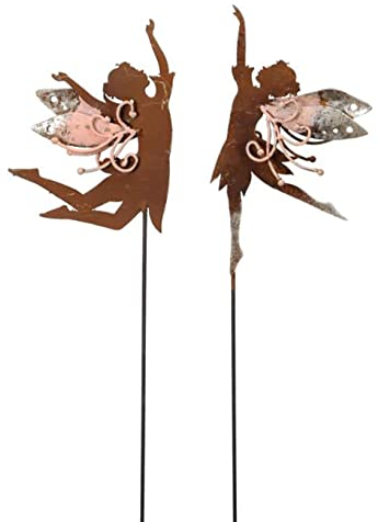 Gartenstecker Elfe mit rosa Flügeln (2er Set) im Rost Design - Rostfigur Fee für den Garten, Gartendeko, Metalldeko