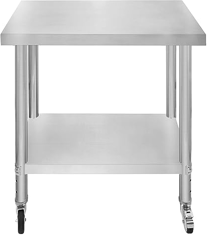 Tavolo da cucina in acciaio inox per la preparazione dei cibi con 4 ruote piroettanti con 2 freni e 4 piedini adattabili Ripiano inferiore regolabile 3 posizioni Portata 160 kg 76cm x 45cm x 86cm