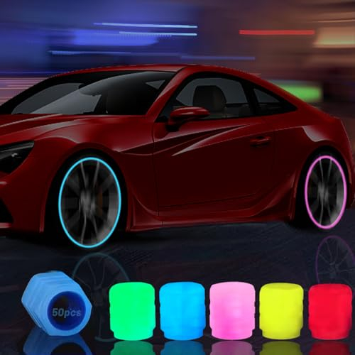 50 Stück Leuchtende Ventilkappen, Waldspring Universelle Fluoreszierende Autoreifen Ventilkappen, Glowing in Dark, Staubschutz für PKW, LKW, SUV, Fahrrad und Motorrad(Rot, Gelb, Blau, Grün, Rosa)