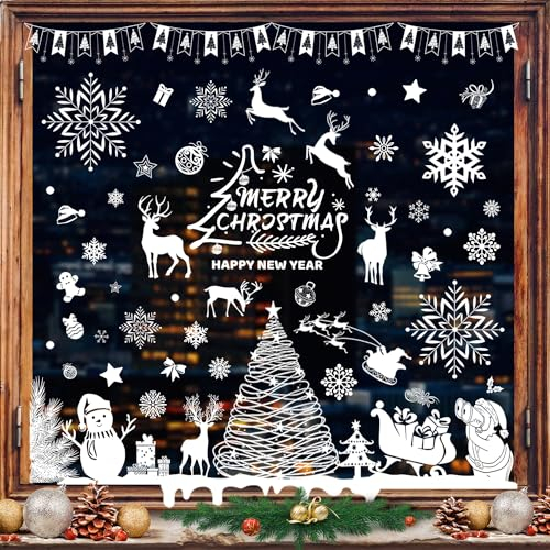 Pegatinas Navidad Ventanas Cristal, Vinilos Feliz Navidad para Ventanas Decoración Hogar, Reutilizable Copo de Nieve Pegatinas Navideñas para Ventanas Cristales Puertas Adornos de Navidad para la Casa