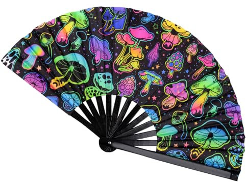 Plzoslly Large Rave Hand Fan UV Glow, Bamboo Clack Popping Folding Fan, Large Hand Fan for Line Dancing, Halloween, Music Festival, Club, Dance, Party, Drag Queen(Mushrooms)