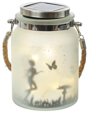 LED Solarglas Schmetterlingsfee Windlicht mit Juteseil Feenlicht Laterne mit Dämmerungssensor 30 warmweiße LED H: 16cm Outdoor für Balkon Terrasse Solarlaterne
