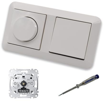 EBROM SET IDEE: Merten MEG5134-0000 LED Drehdimmer Dimmer + Dimmerscheibe MEG5250-0319 und Lichtschalter MEG3116-0000 in polarweiß glänzend System M inkl. EBROM Phasenprüfer zur Montage der Geräte