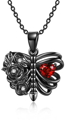 DAYLINLOVE Sterling Silver Black Rose Skeleton Pendant Necklace - Goth Skull Skeleton Jewelry Gifts for Women Girls Halloween Gothic Party