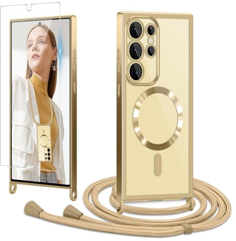 Ethanger Coque pour Samsung Galaxy S24 Ultra 5G avec Cordon de Collier + 1×Verre Trempé, Coque Transparente Silicone TPU Bumper Etui Housse, Magnétique Cover pour Samsung S24 Ultra Or