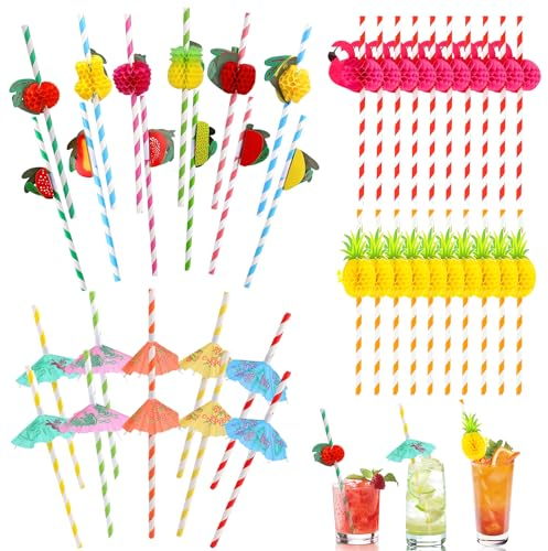 Fadcaer 40 Pcs Hawaiian Straws,Cocktail Straws Hawaii Paper Straws Summer Party Straws Drinking Straws,3D Straws Cocktail Accessories for Drinks Tropical Beach Luau Hawaiian Party Decorations