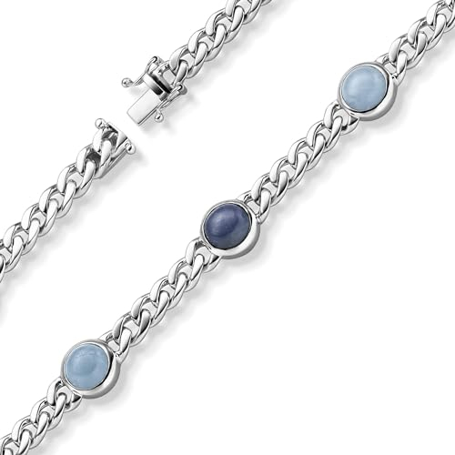 Schmuck Krone 6mm Panzer-Armband 5 Edelsteine 3 Saphire 2 Aquamarine 585 Gold Weißgold 21cm