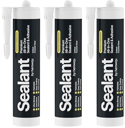 Crystal Clear Kitchen & Bathroom Sealant & Adhesive Hybrid Polymer | Superior to Bathroom Silicone Sealant | Waterproof, Odourless, Anti-Mould | Ideal For Kitchen & Around Bath & Shower - 300ml 3 Pack