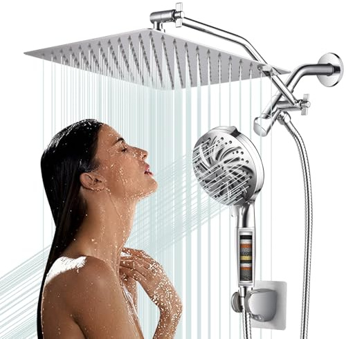 Ganzmetall-Duschkopf, 30,5 cm, Hochdruck-Regenduschkopf/Handbrause, Combo mit 32 cm verstellbarem Duschverlängerungsarm, 10 Einstellungen, Handbrause mit Filter, 180 cm Brauseschlauch, Chrom
