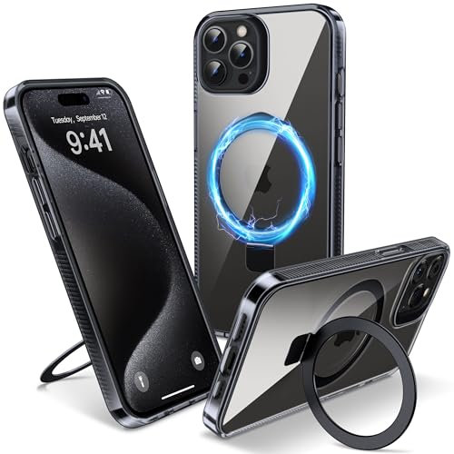 Flyzoo Magnetic Kickstand Case for iPhone 15 Pro Max, [Compatible with MagSafe & Invisible Ring Stand Holder] [Non-Yellowing & Shockproof] Transparent Hard Silicone Edge Cover, 6.7'', Clear Black
