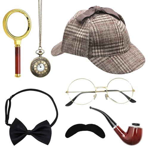 HENGBIRD Juego de 7 Accesorios para Disfraz de Detective Sherlock Holmes - Sombrero, Gafas de Bigote Falso, Pajarita, Lupa - Cosplay