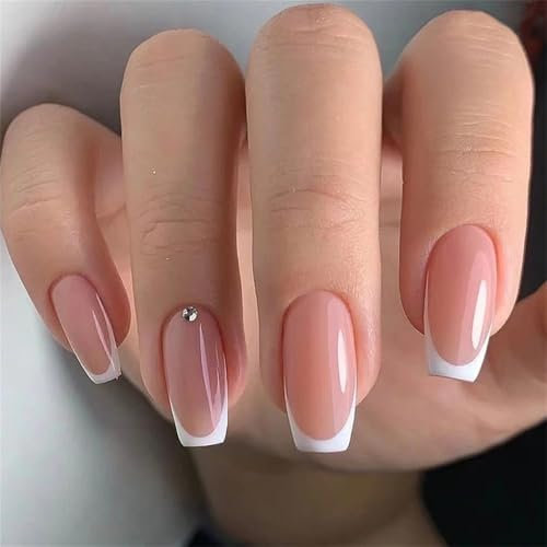 French False Nails, Square White Tip Stick-On, 24pcs Press-On With Small Broken Drill, Classic Elegant White Tips Design for Women Girls