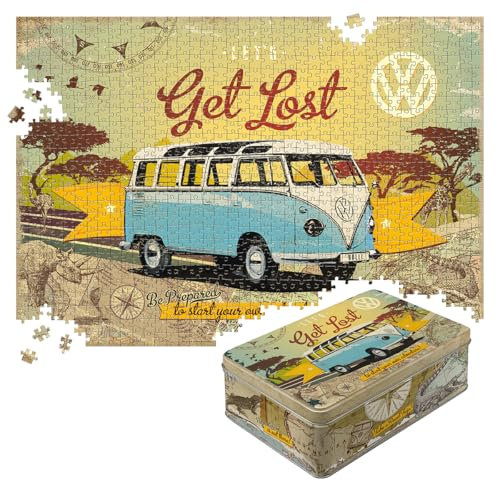 Nostalgic-Art Retro Puzzle 1000 Teile, 68 x 48 cm, VW Bulli – Let's Get Lost – Volkswagen Bus Geschenk-Idee, Original Lizenzprodukt (OLP), für Erwachsene, in Vintage-Metalldose als Geschenkverpackung