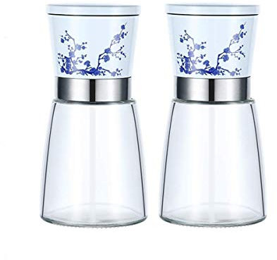 Juego de Molinillo de Sal y Pimienta, salero y pimentero con Cuerpo de Vidrio con Grosor de cerámica Ajustable, Paquete de 2, Juego de Molinillo de Sal y Pimienta de Porcelana Azul y Blanca.