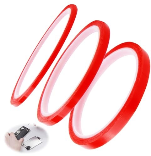 LANAFAY 3 Rolls Double Sided Tape(3mm, 6mm, 9mm), Red Liner Mounting Tape, Super Strong Sticky Self-Adhesive Tape Heavy Duty, Heat-Resistant Tape for Crafts and Repairs 5 Metres Each